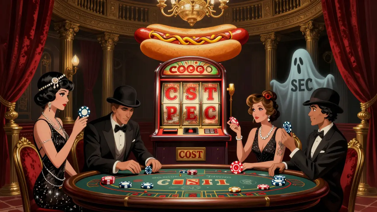 Una sala de casino con máquinas de tragaperras en forma de perrito caliente, jugadores vintage apuestan con tokens COST.