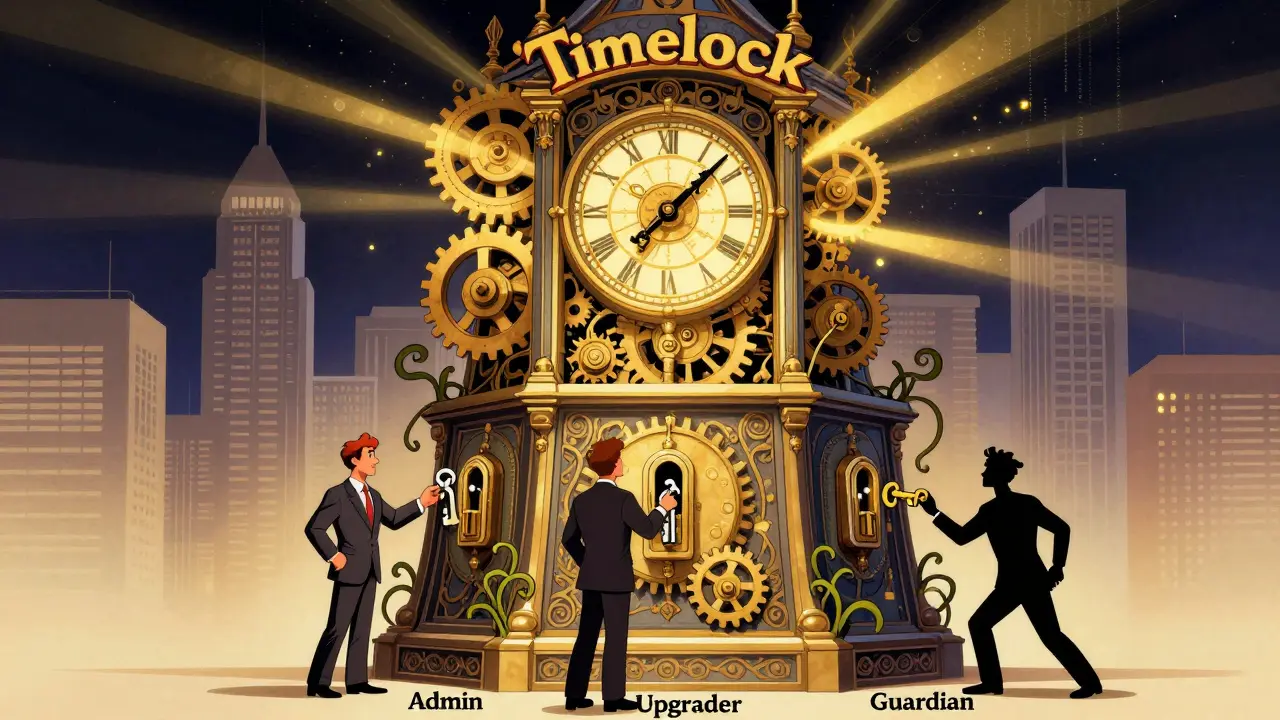 Una torre de reloj mecánica llamada 'Timelock' con tres guardianes usando llaves específicas para roles distintos.