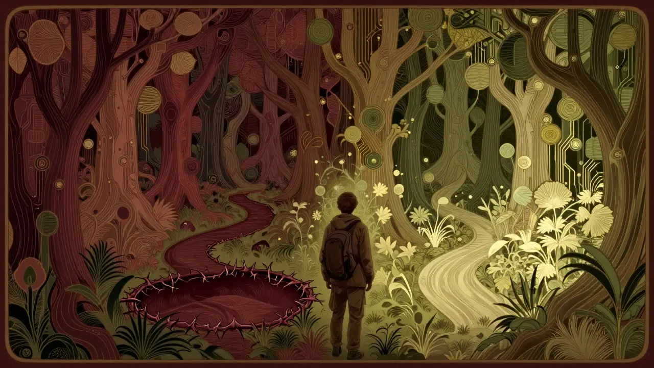 Viajero ante senderos divergentes bajo vegetación estilizada advirtiendo peligro