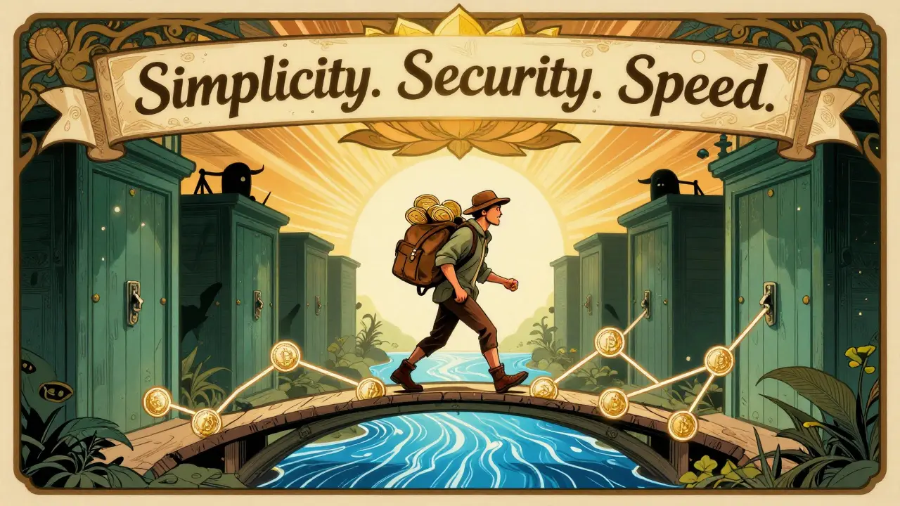 Viajero cruza un puente de contratos inteligentes sobre un río de transacciones de bajo gas, mientras intercambios centralizados permanecen cerrados, estilo Art Nouveau con tonos ámbar y esmeralda.