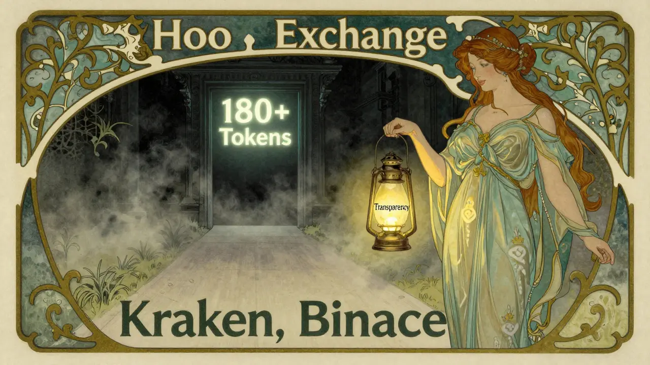 Vintage ad with a woman holding a transparency lantern guiding users away from a dark Hoo Exchange doorway, Art Nouveau style.
