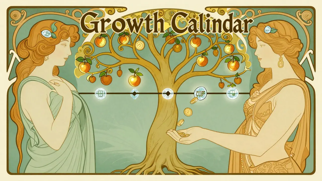 Árbol conceptual con monedas digitales representando un calendario de vesting.