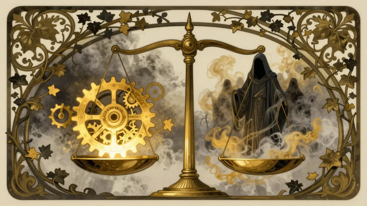 Balanza conceptual con un engranaje dorado y una figura anónima en estilo Art Nouveau.
