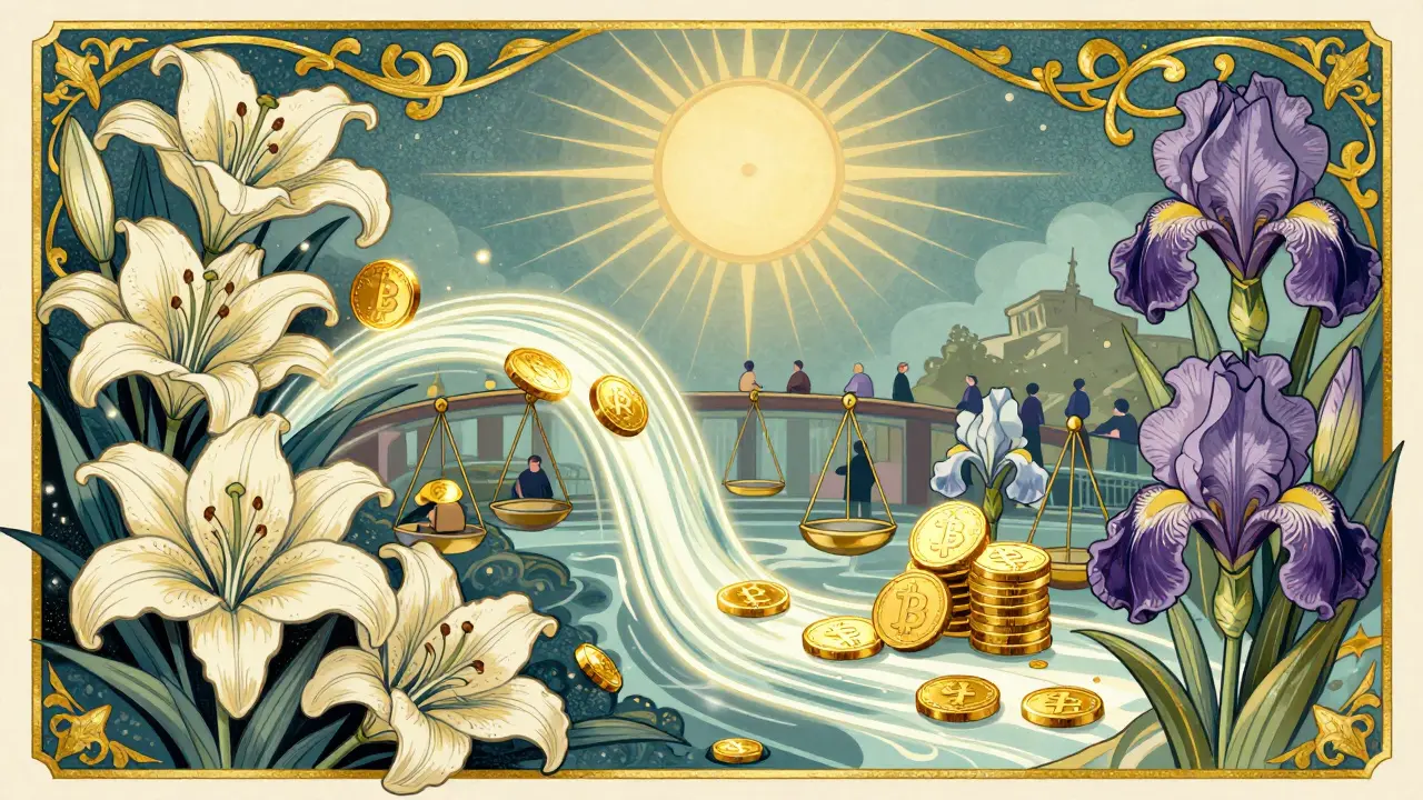 Balanza equilibrada con flores y tokens fluyendo suavemente en estilo Art Nouveau.