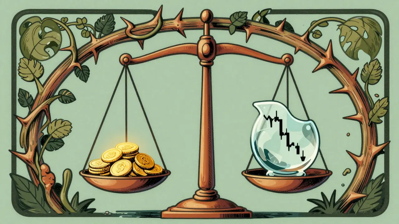 Balanza ornamentada con monedas doradas y un gráfico de cristal en un marco floral.