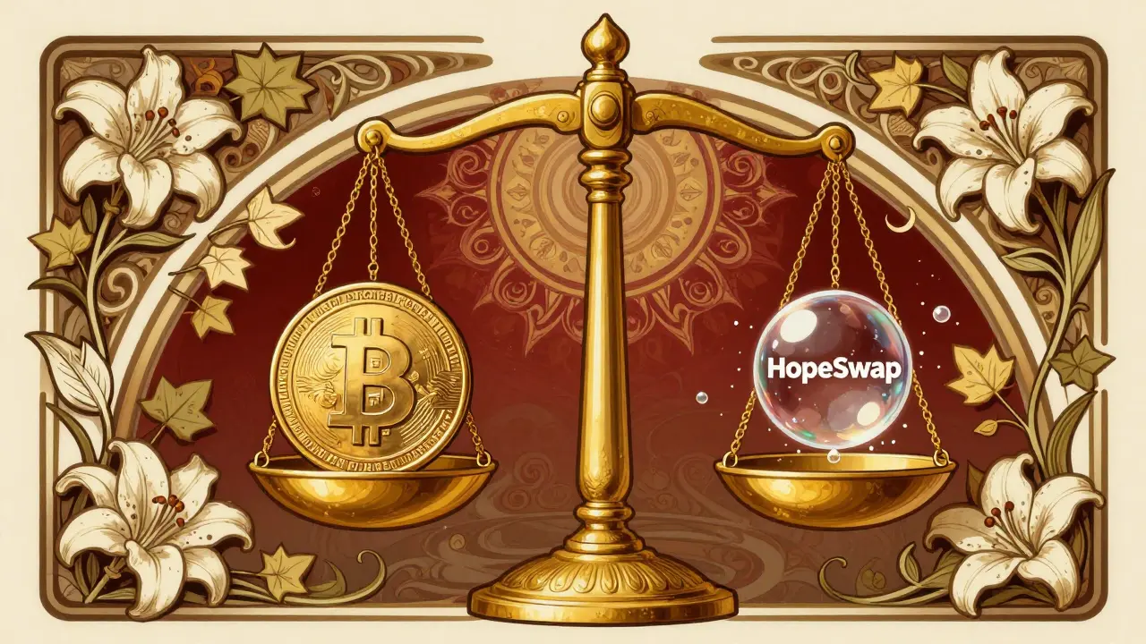 Balanza ornamental comparando la estabilidad de exchanges líderes frente a la fragilidad de HopeSwap.