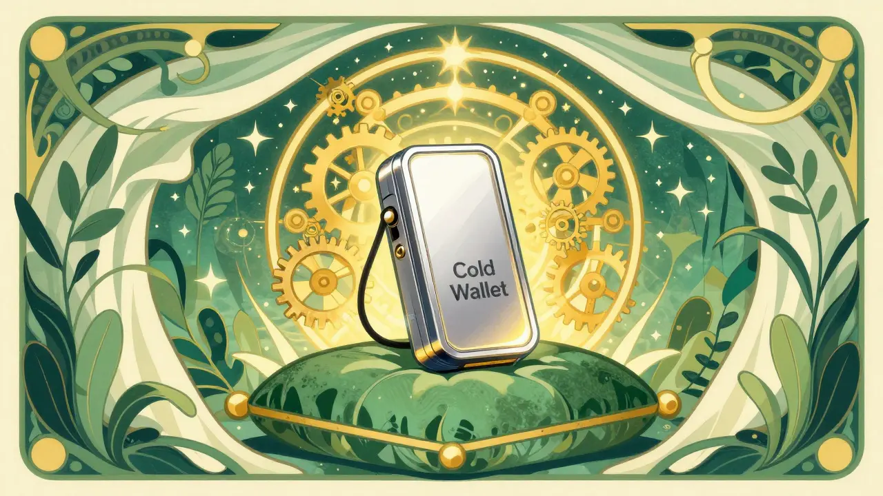 Billetera fría metálica protegida por halos dorados y motivos orgánicos elegantes.