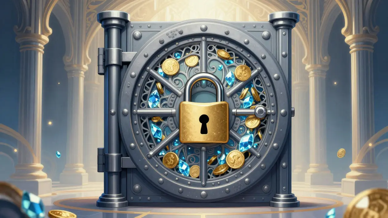 Bóveda de seguridad ornamentada protegiendo activos digitales en estilo Art Nouveau.