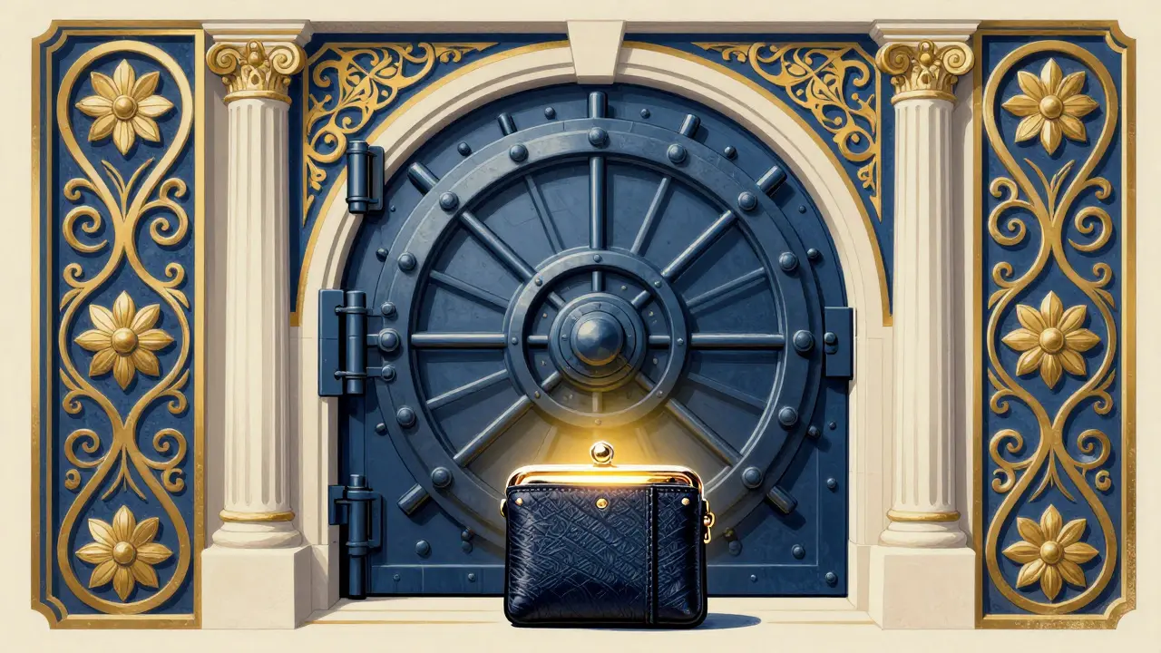 Caja fuerte decorada con un dispositivo de almacenamiento frío para criptomonedas al frente.