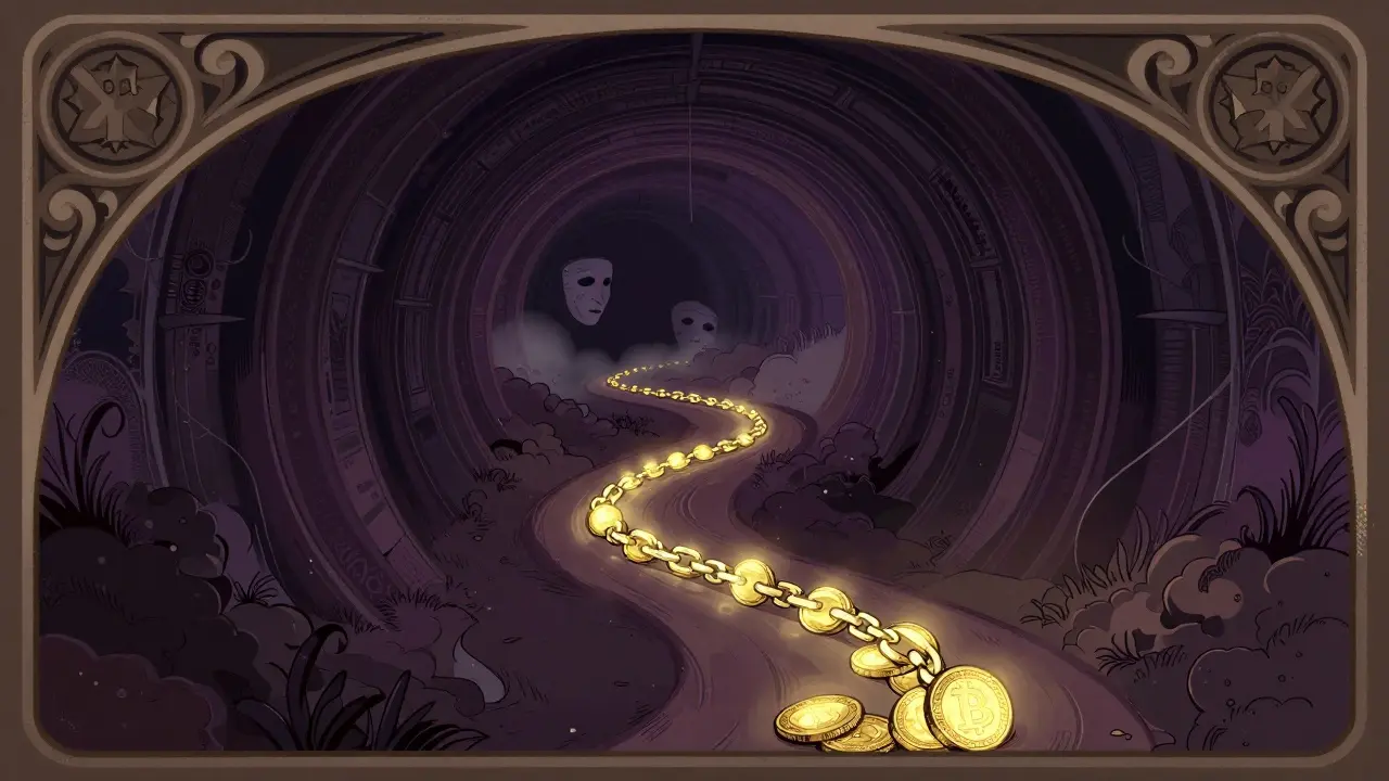 Camino de transacciones que se oscurece en un túnel privado sin cámaras visibles en estilo antiguo.