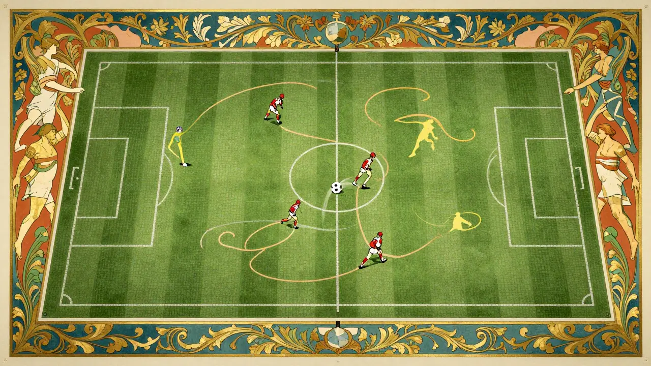 Campo de fútbol táctico diseñado como un mosaico decorativo de Art Nouveau.
