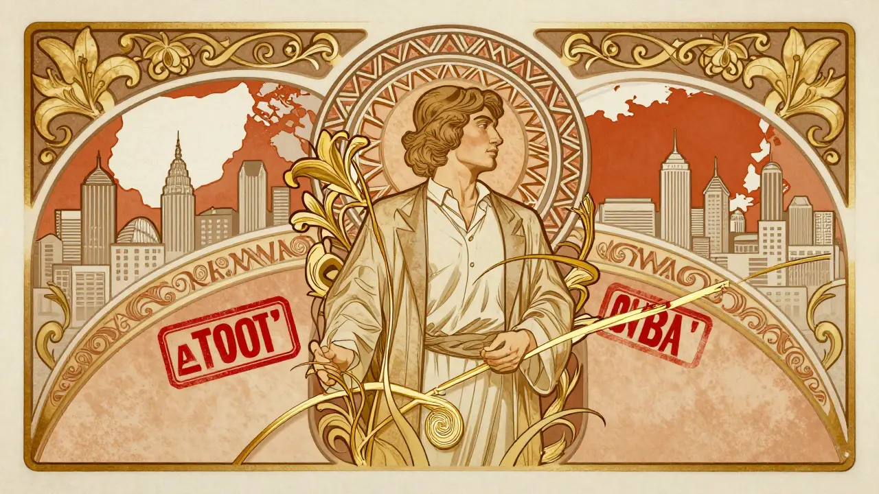 Comerciante rodeado de patrones ornamentales y sellos rojos de prohibición en estilo Art Nouveau.