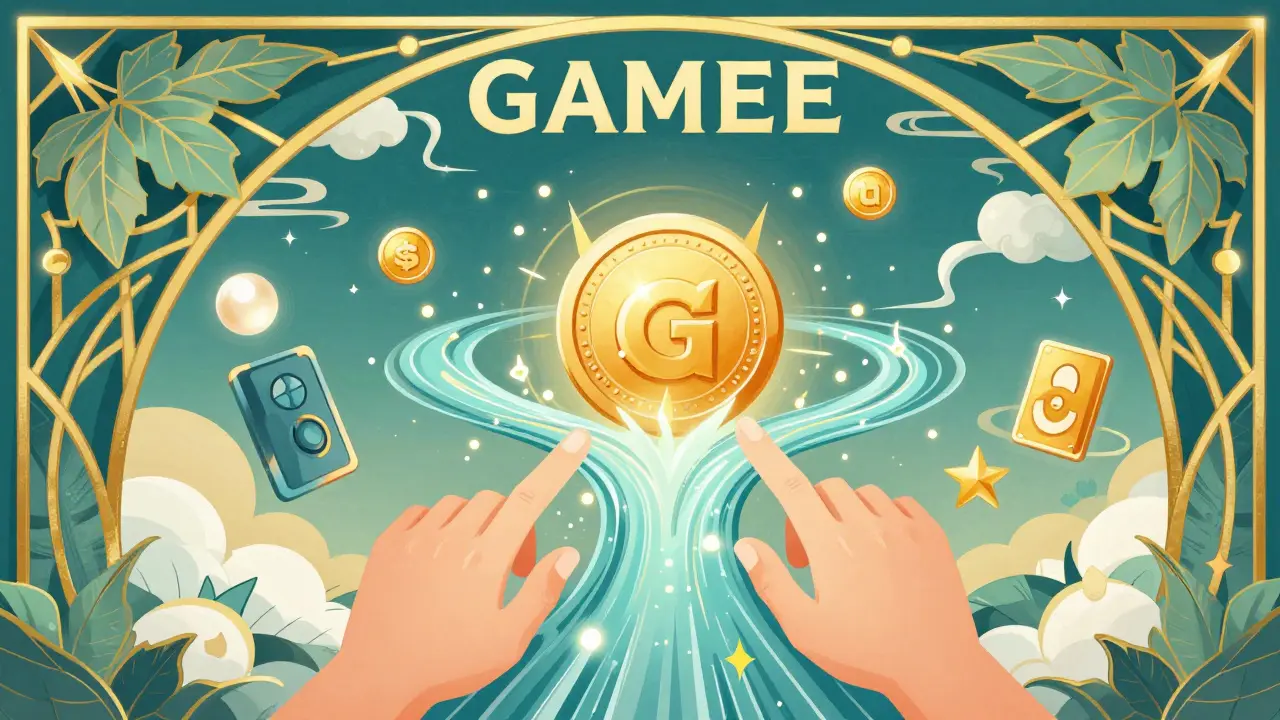 Composición Art Nouveau que muestra el ecosistema de juegos GAMEE y el token GMEE.