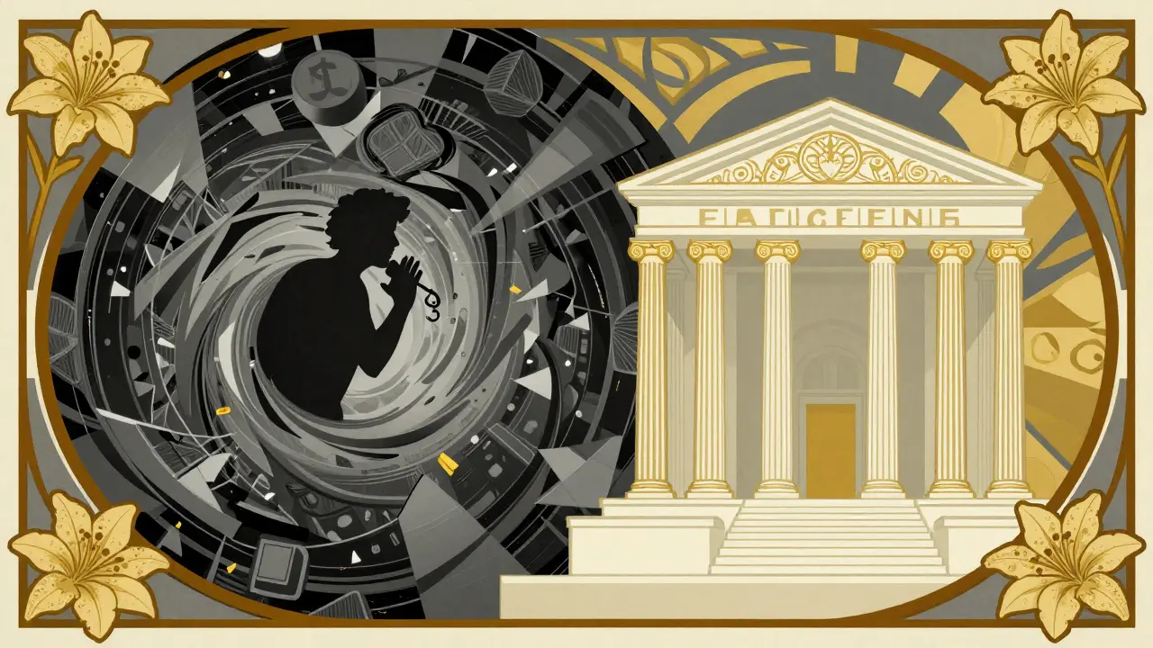 Contraste entre un caos oscuro y un templo financiero dorado con ornamentos vegetales.