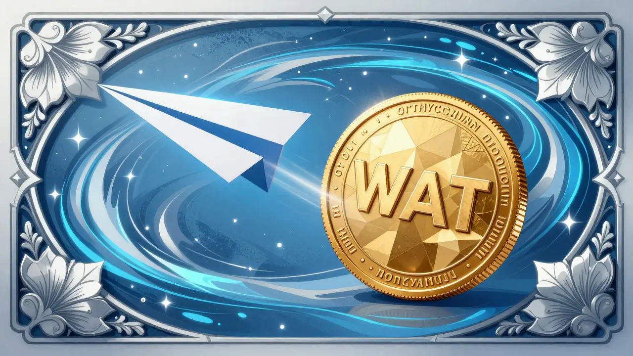 Diseño Art Nouveau de WATCoin y un avión de Telegram sobre un fondo azul fluido.