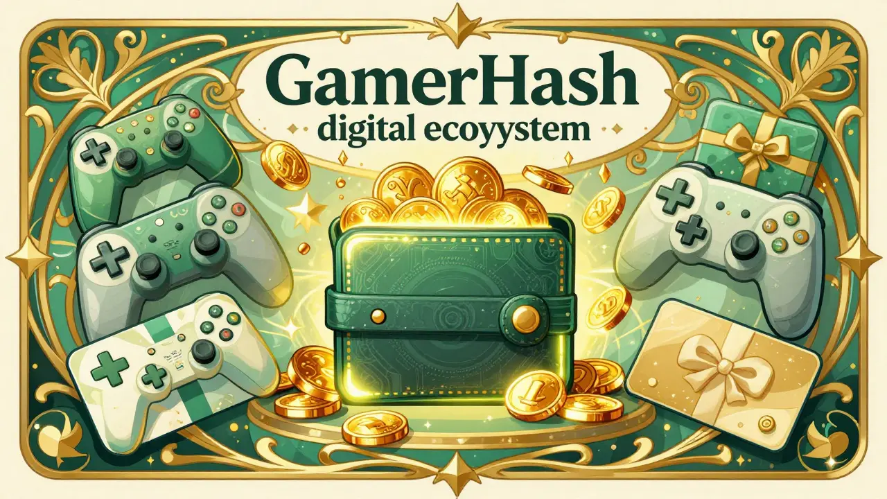 Ecosistema de recompensas digitales y tokens GHX en estilo publicitario vintage