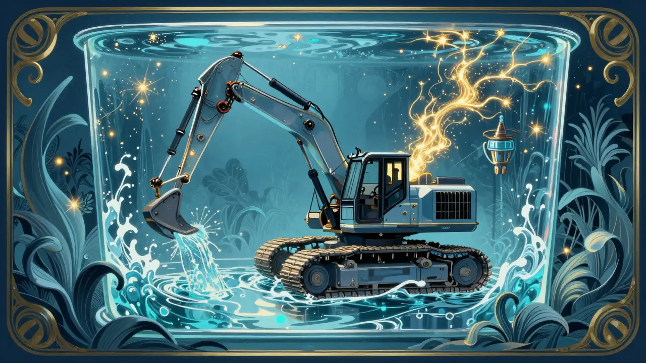 Equipo de minería sumergido en líquido refrigerante con curvas orgánicas y tonos azules.