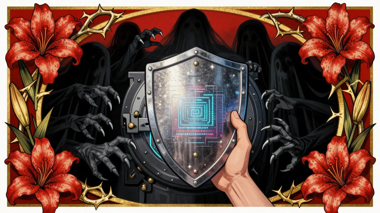 Escudo protector defendiendo una bóveda digital de sombras en estilo Art Nouveau.