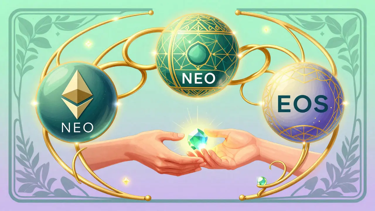 Esferas de Ethereum, NEO y EOS conectadas por vides doradas representando el intercambio atómico.