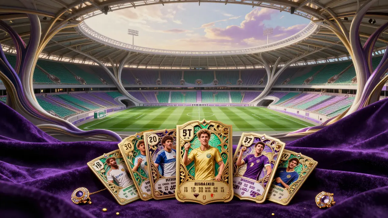 Estadio de fútbol futurista y colección de cartas NFT lujosas en estilo Art Nouveau.
