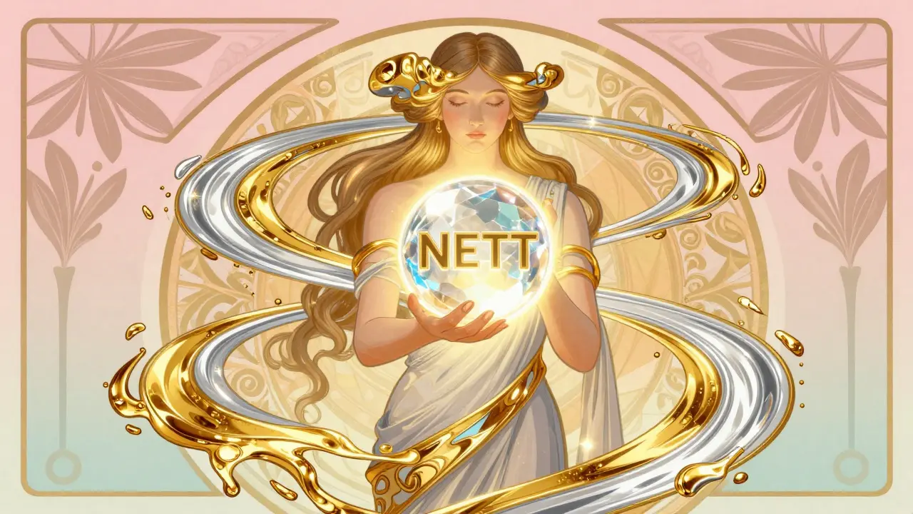 Figura femenina sosteniendo un cristal brillante rodeada de corrientes de oro líquido.