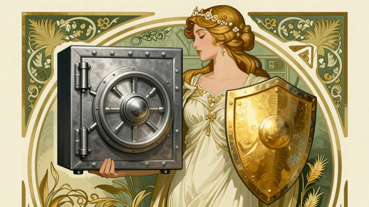 Figura protectora resguardando una billetera fría y un escudo, representando la seguridad de los activos digitales.