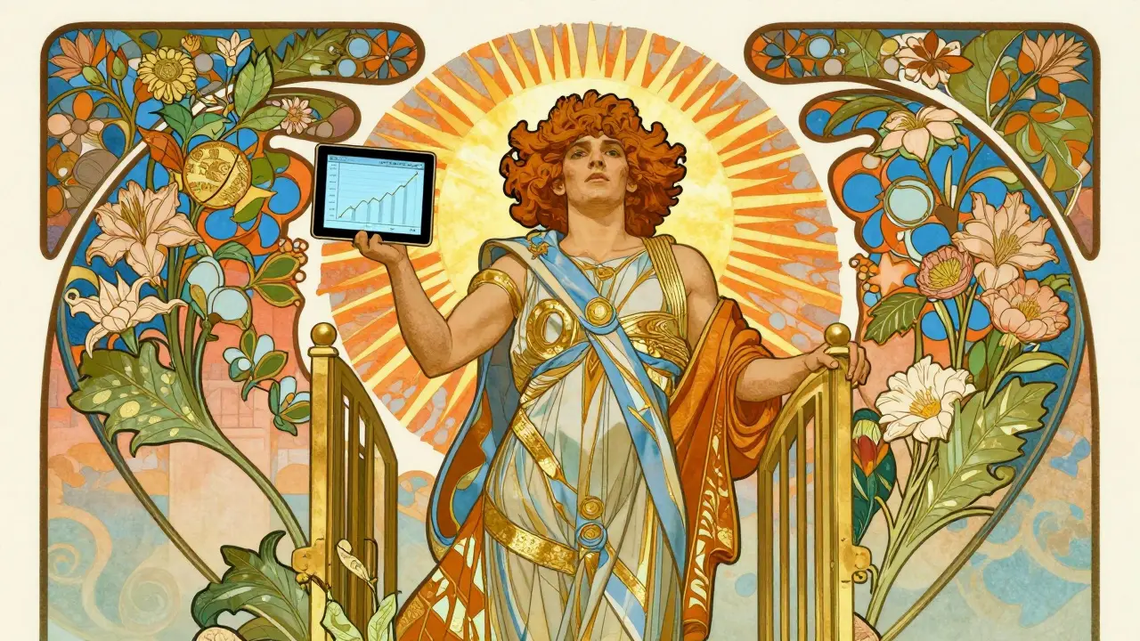 Figura triunfal abriendo una puerta dorada hacia el futuro de las criptomonedas en estilo Art Nouveau.