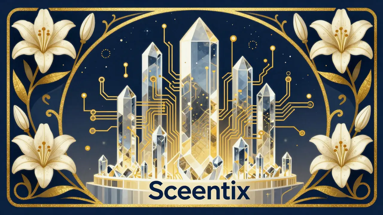 Fortaleza digital cristalina y segura rodeada de flores ornamentales.