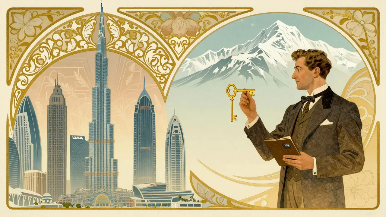 Ilustración de Dubái y Suiza combinando arquitectura futurista y elementos clásicos.