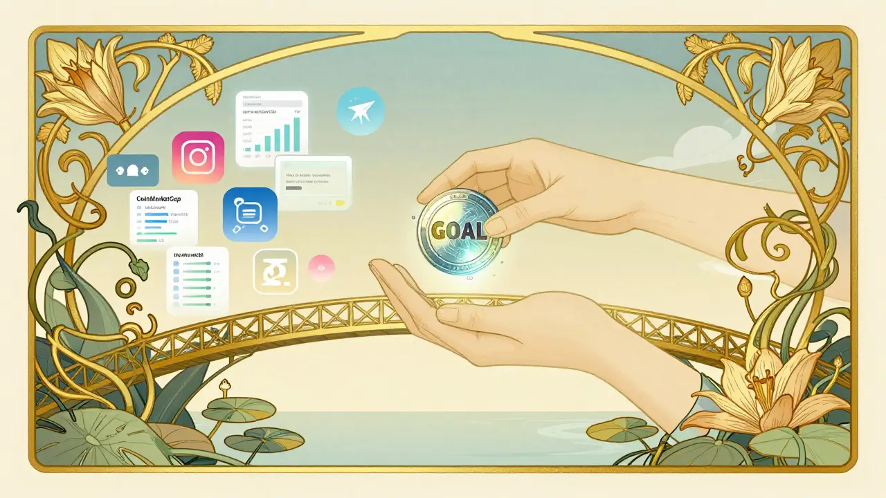 Ilustración de token digital y elementos de redes sociales con adornos orgánicos.