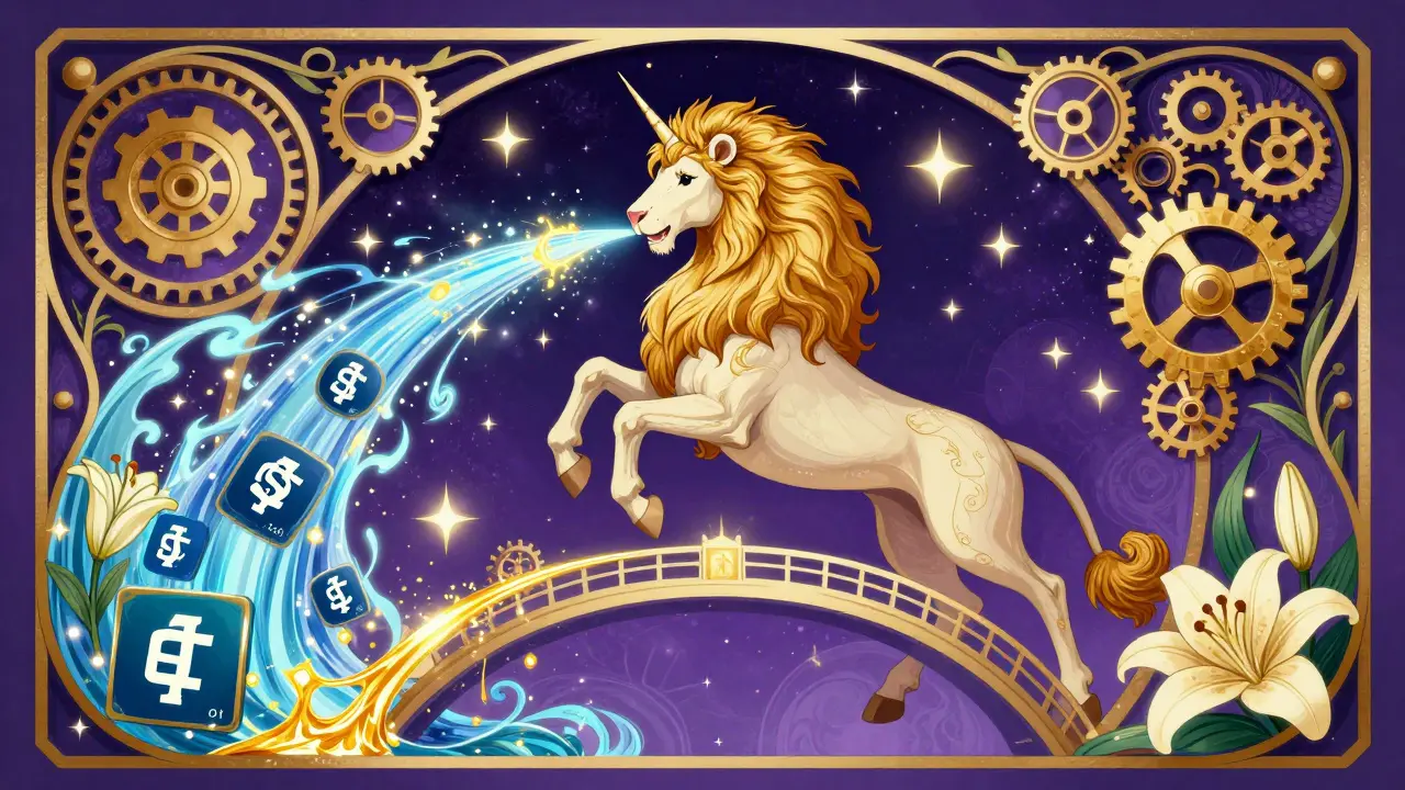 Ilustración de un Leonicorn transformando activos digitales en un entorno etéreo.