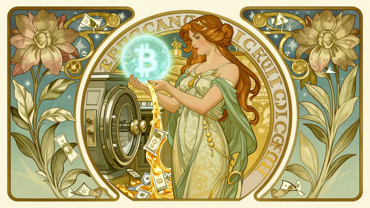 Ilustración de una mujer integrando criptomonedas con la banca tradicional en estilo Art Nouveau.