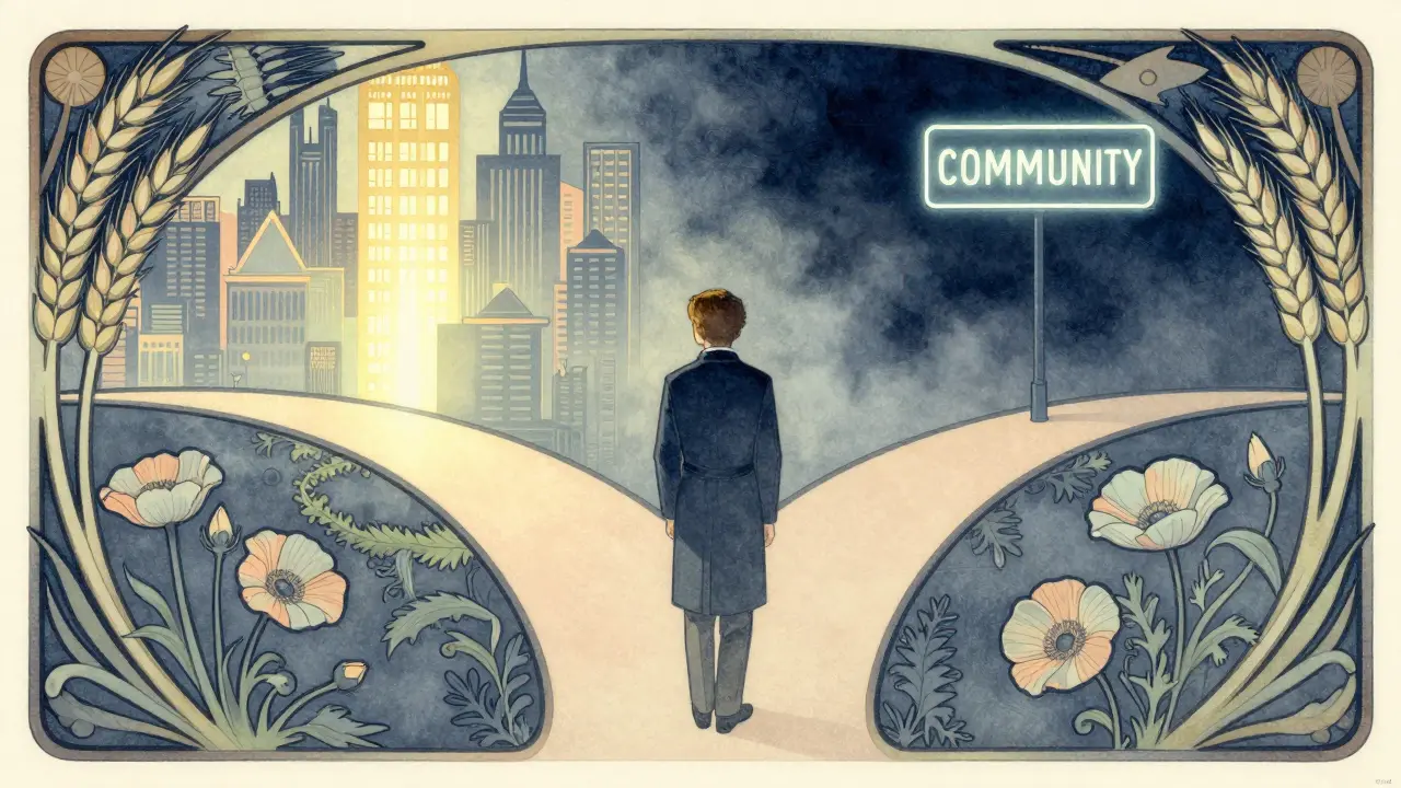 Inversor frente a un camino oscuro y vacío que simboliza la falta de comunidad y riesgo.