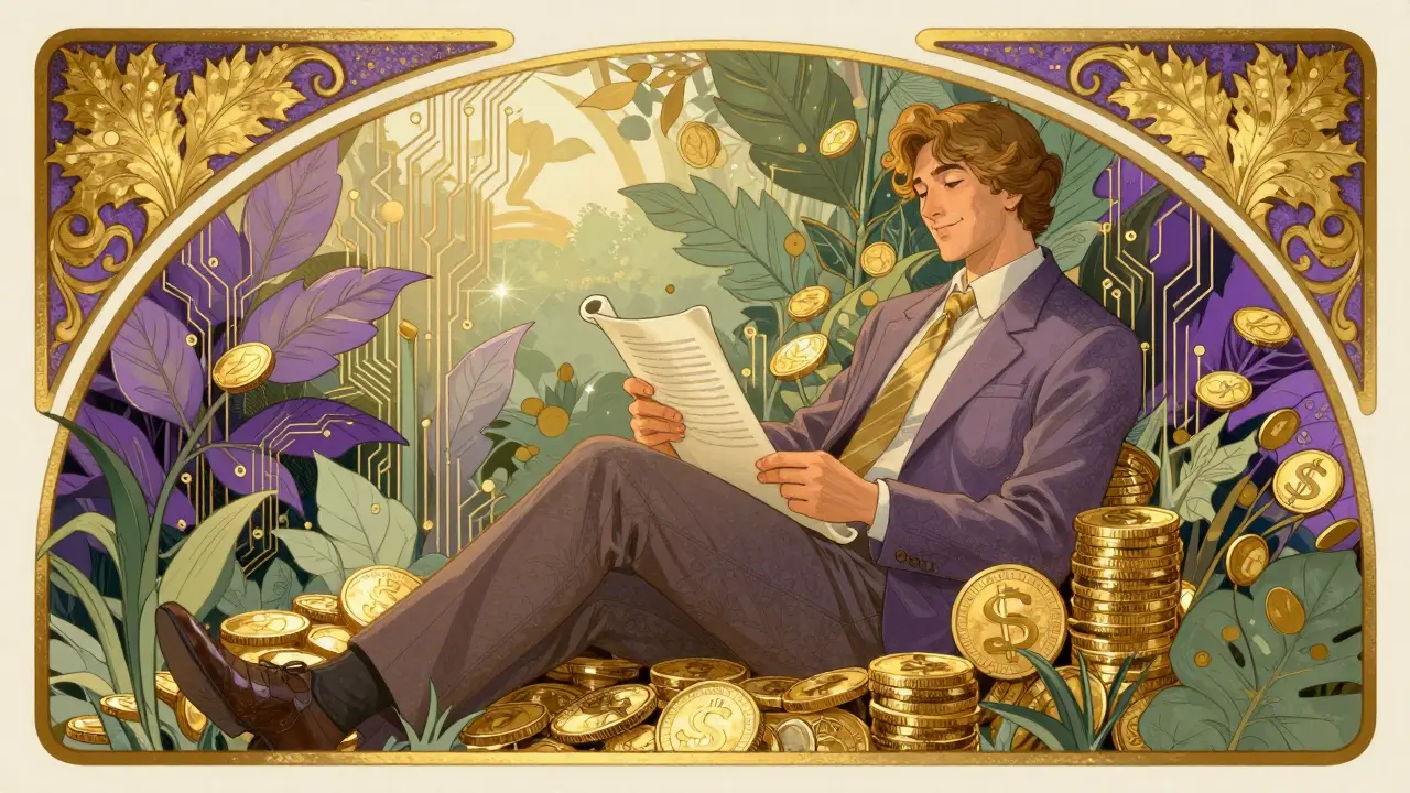 Inversor tranquilo en un jardín dorado simbolizando la seguridad fiscal legal.