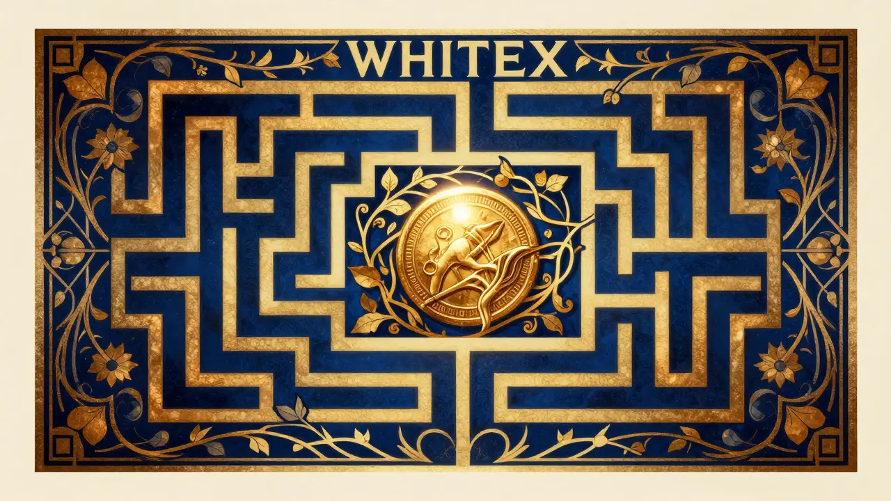 Laberinto ornamental con una moneda dorada esquiva representando la búsqueda de WHX.