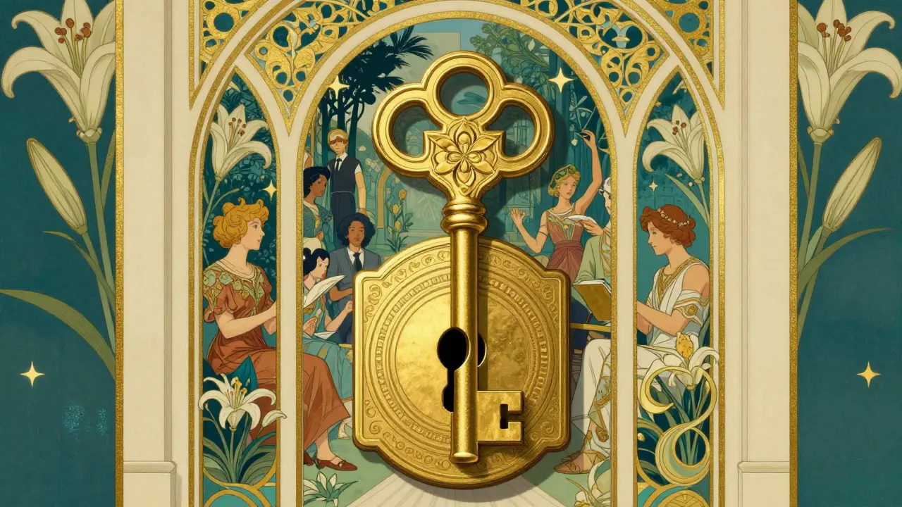 Llave digital abriendo un club exclusivo de creadores en estilo Art Nouveau.