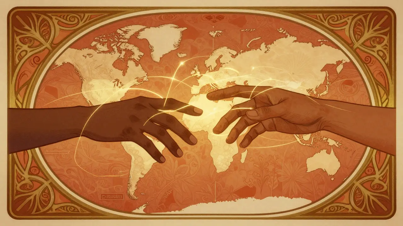 Manos conectadas globalmente por hilos dorados sobre un mapa estilizado.