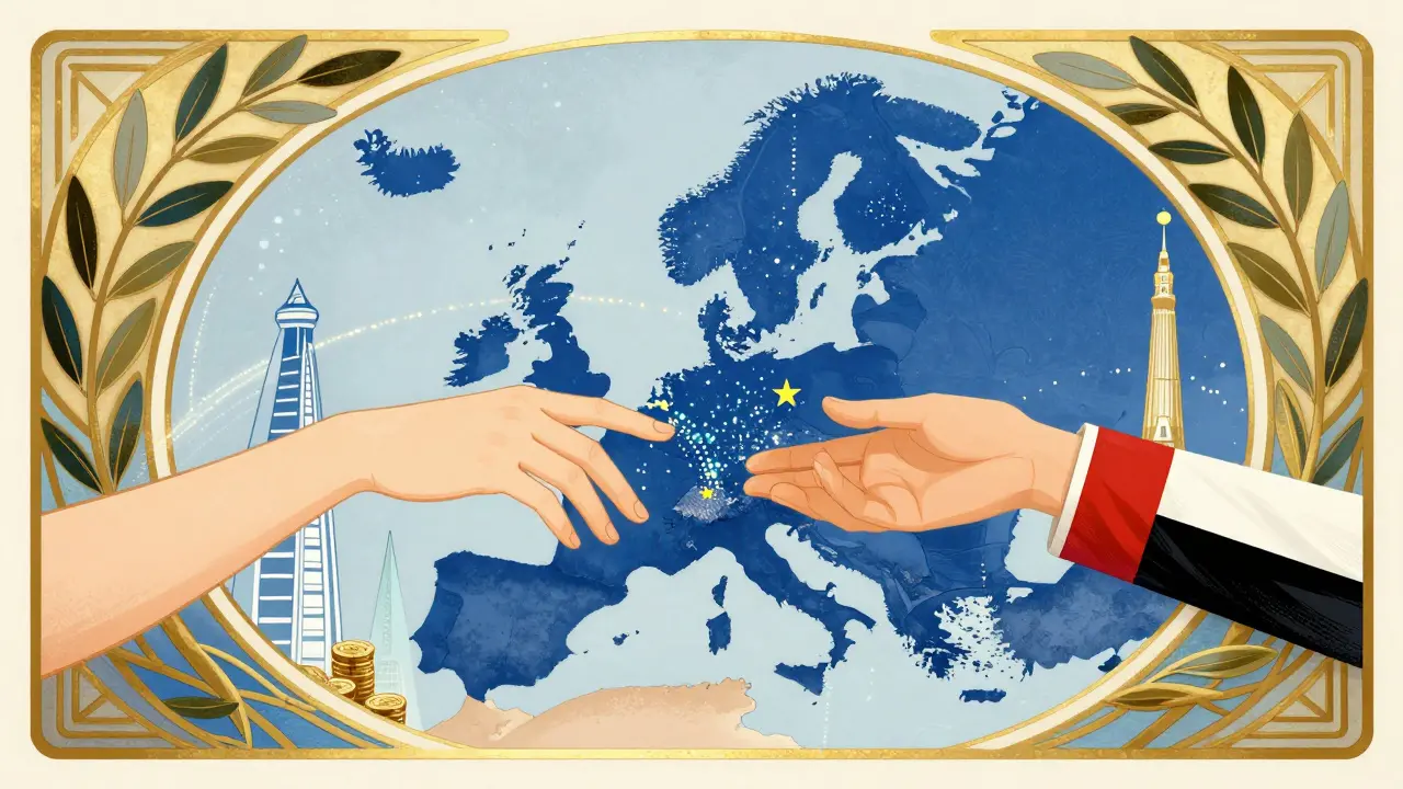 Manos estilizadas simbolizando la alianza financiera entre la Unión Europea y los Emiratos Árabes.