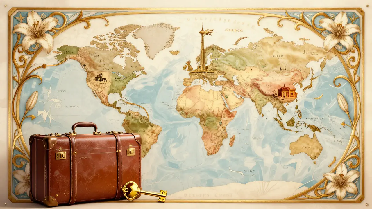 Mapa decorativo que conecta destinos fiscales favorables para inversores digitales.