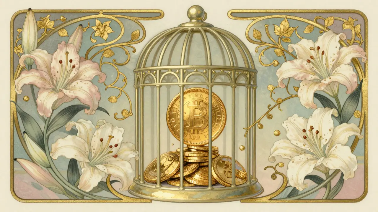 Metáfora de trampa financiera con una moneda de oro dentro de una jaula ornamental.