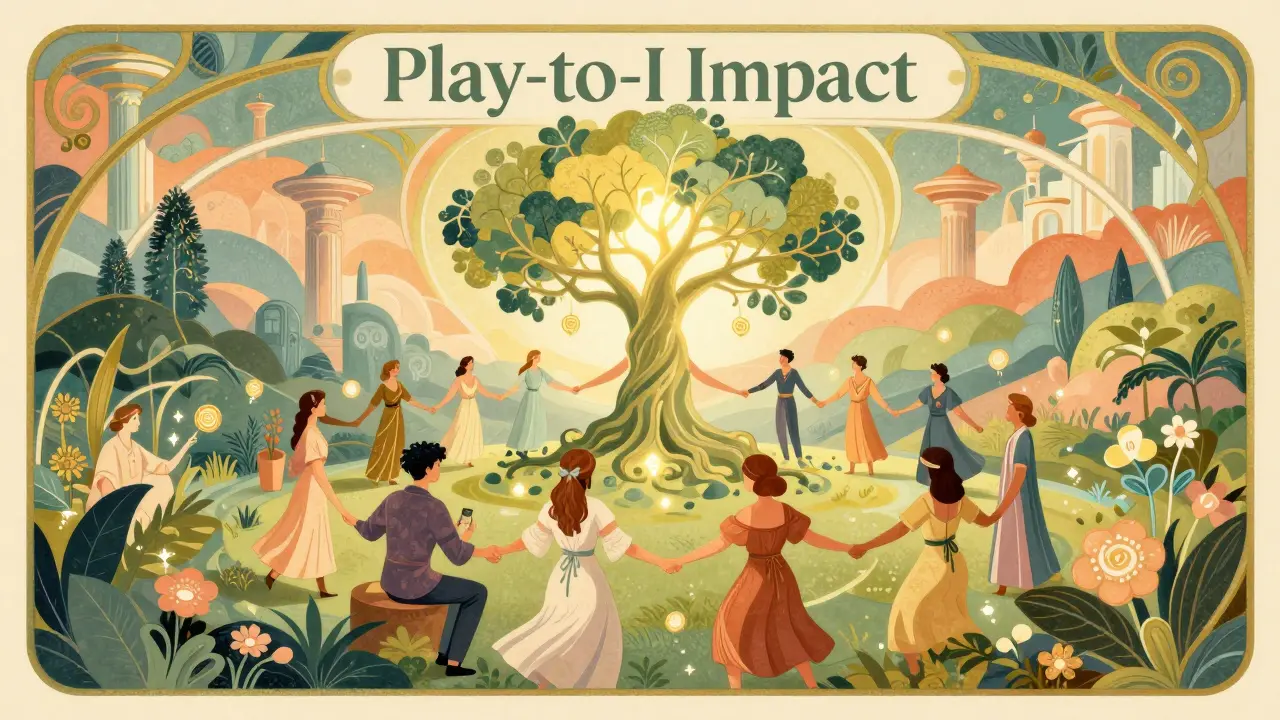 Metaverso de impacto social estilo Art Nouveau con usuarios ganando tokens BRKL en un entorno natural.