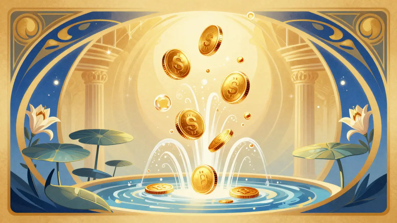 Monedas doradas SCH flotando en una composición artística y fluida.