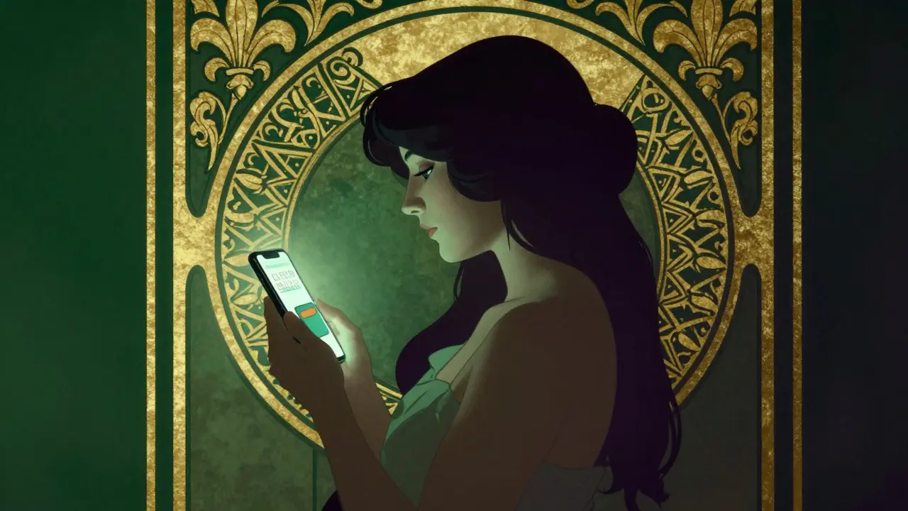 Mujer usando billetera digital como símbolo de resistencia en estilo Art Nouveau