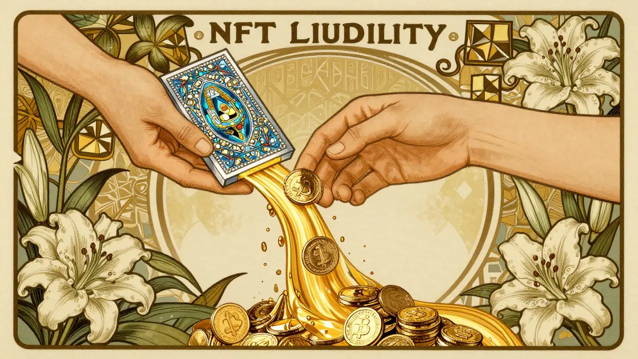 NFT transformándose en monedas estables mediante líneas decorativas doradas.