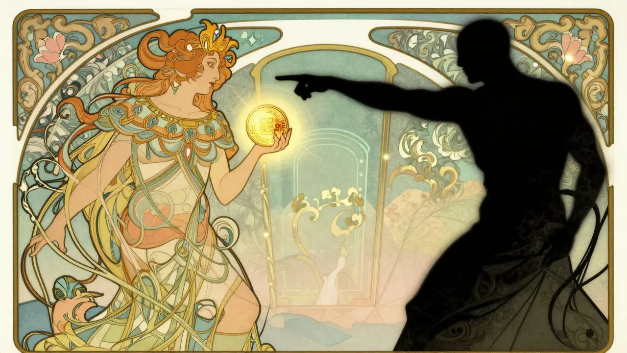 Persona confundiendo un token digital con una plataforma de intercambio en un estilo artístico ornamentado.