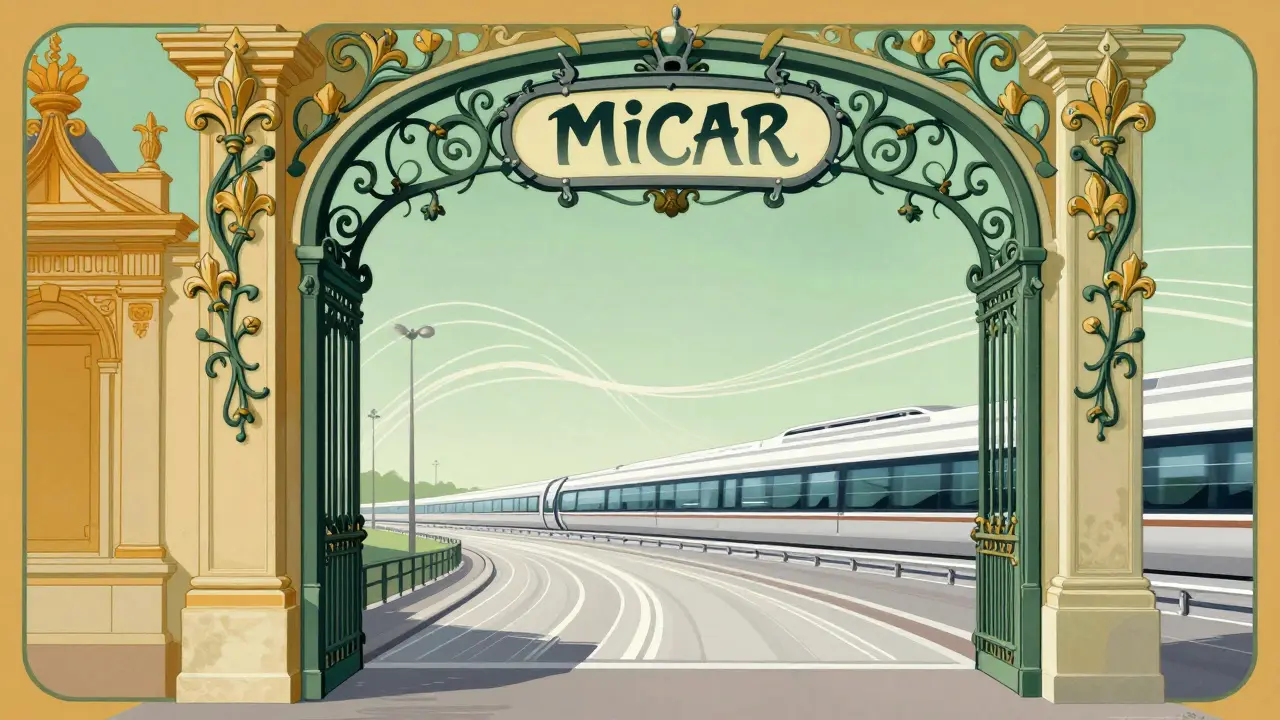 Puerta ornamental estilo Art Nouveau simbolizando la transición al reglamento MiCAR europeo.