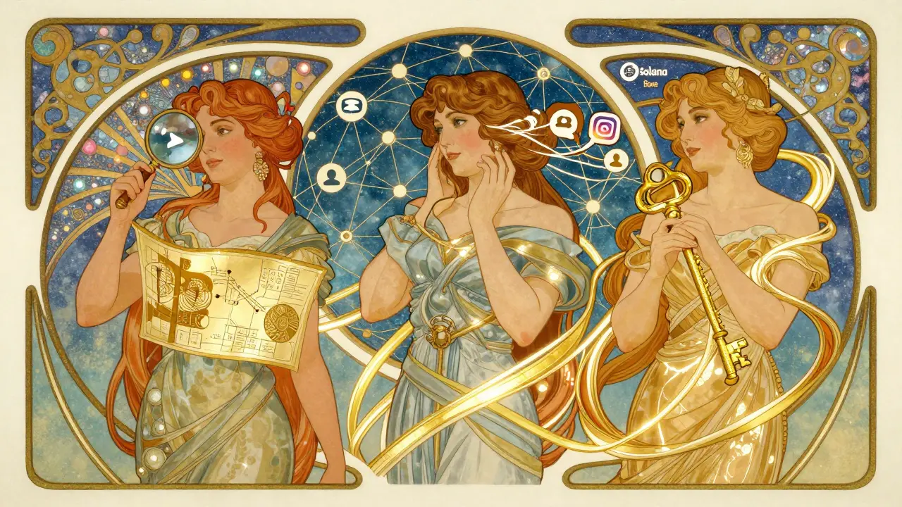 Red de agentes de IA colaborando en un marco ornamental de redes blockchain.