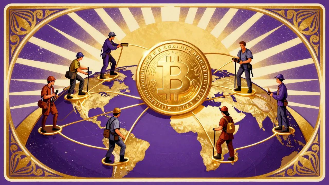 Red global de mineros interconectados mediante líneas doradas y motivos botánicos.