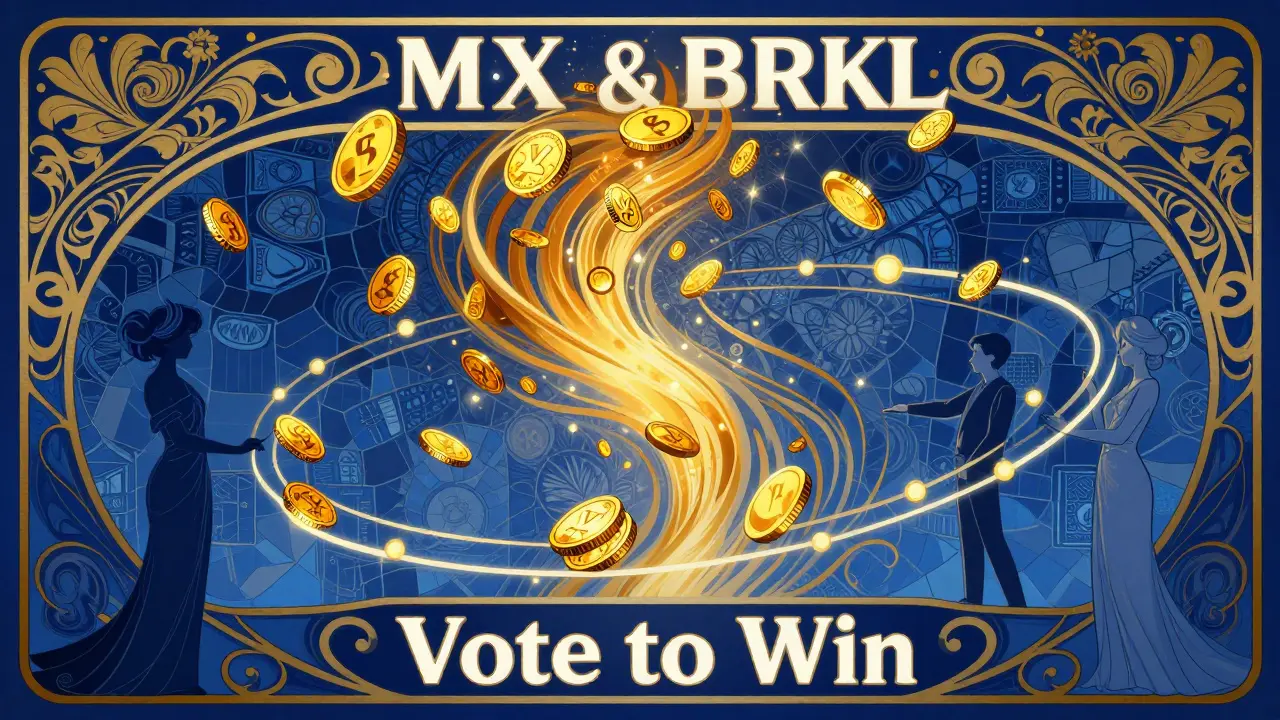 Representación artística de la votación de tokens en un exchange con curvas elegantes y tonos dorados.