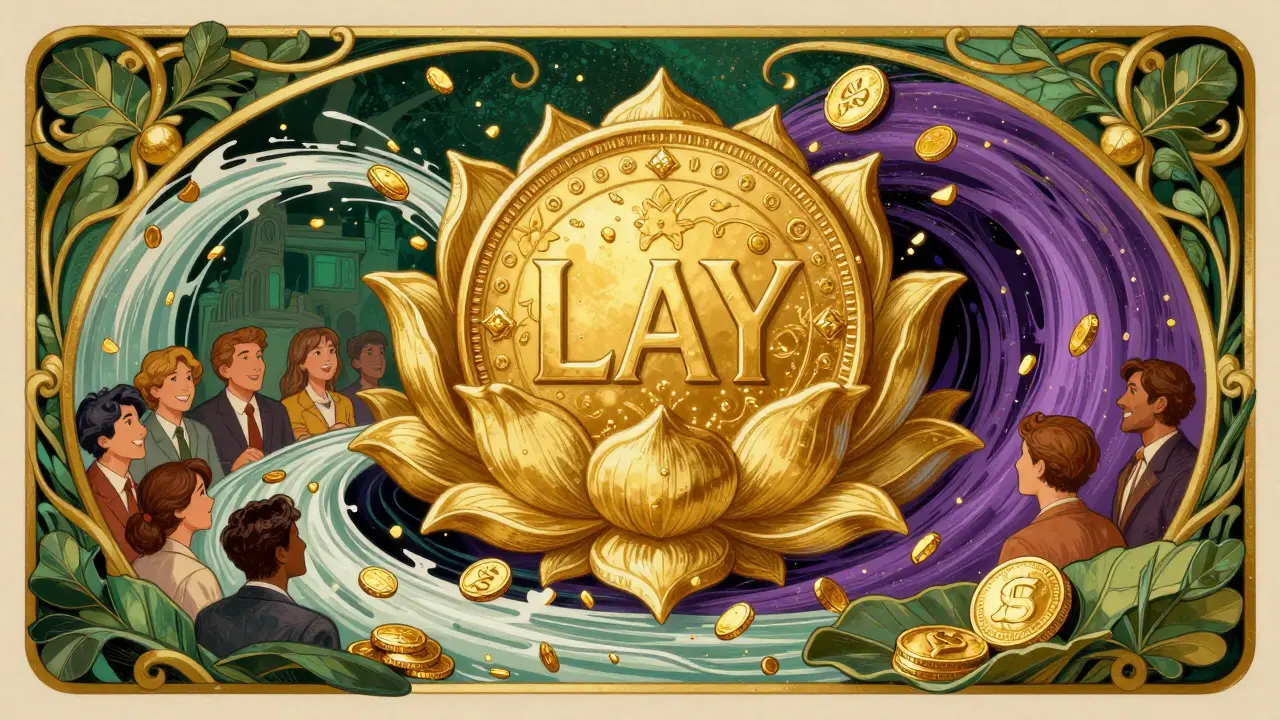 Representación artística del token LAY y el mecanismo de quema de tokens.